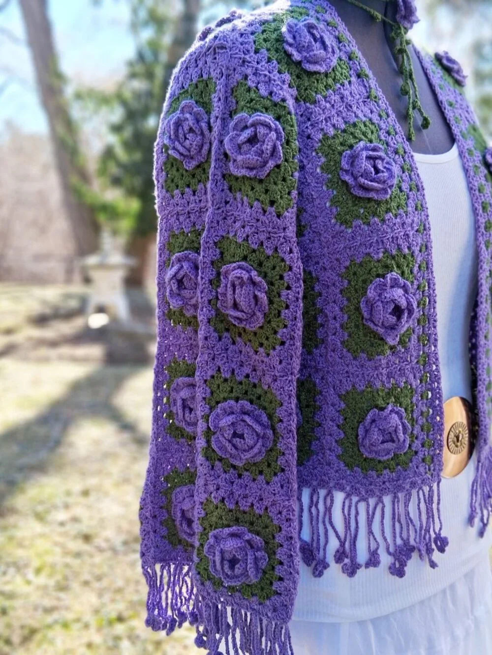 Purple 3D Floral Fringe Granny Square Sweater and Rose Wrap Choker M/L - Picture 6 of 12